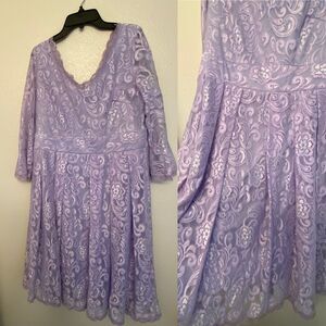 Lavender purple stretch lace midi long sleeve v neck formal fit flair dress XL